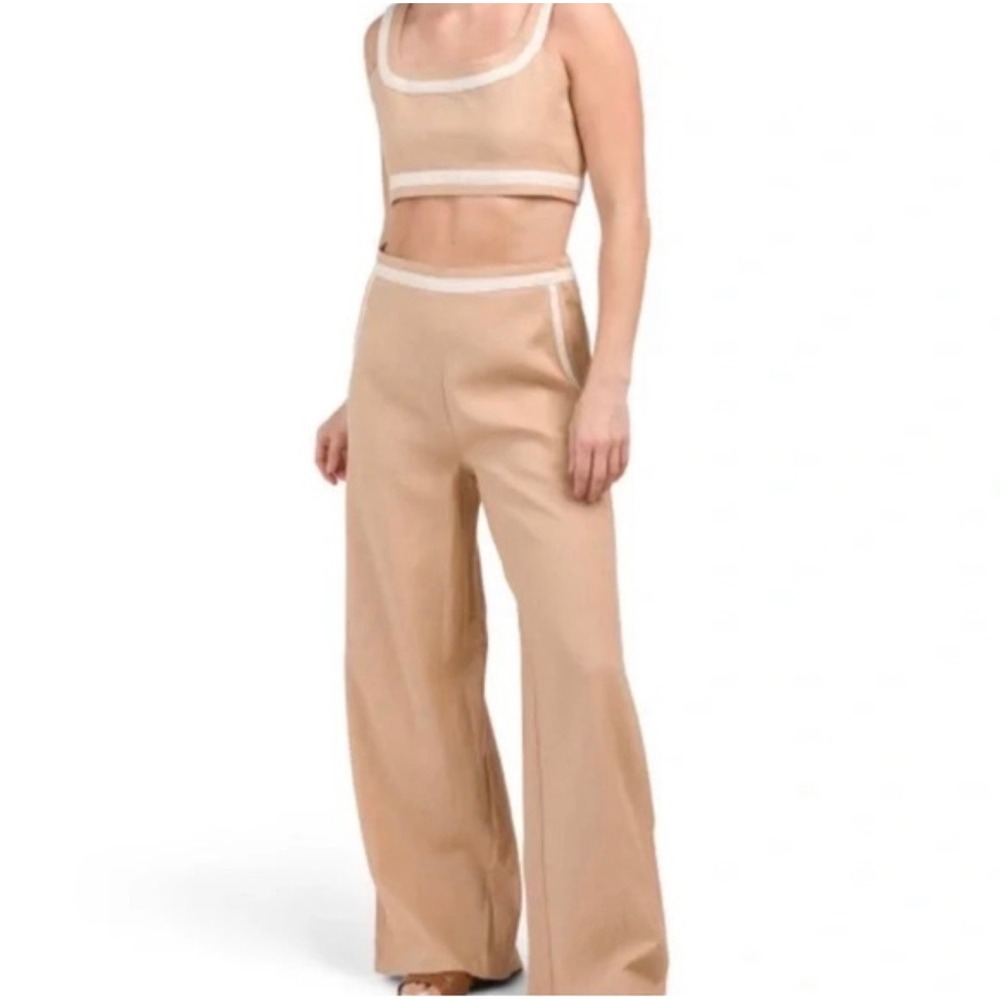 7 For All Mankind 2 Piece Set L Tan Linen Blend Crop Top Pants Resort Cruise NWT